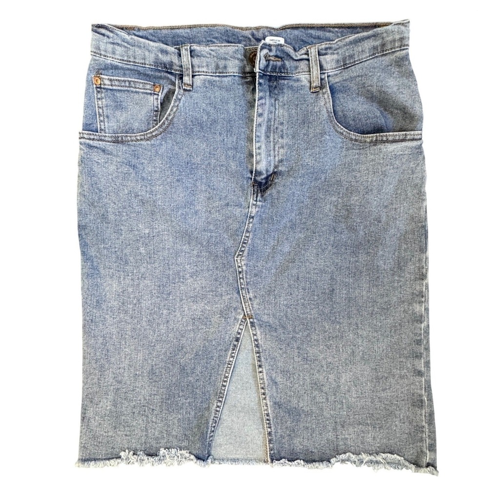 Indigo Rein Women Medium Wash Denim Front Slit Frayed Hem Midi Skirt 11/29